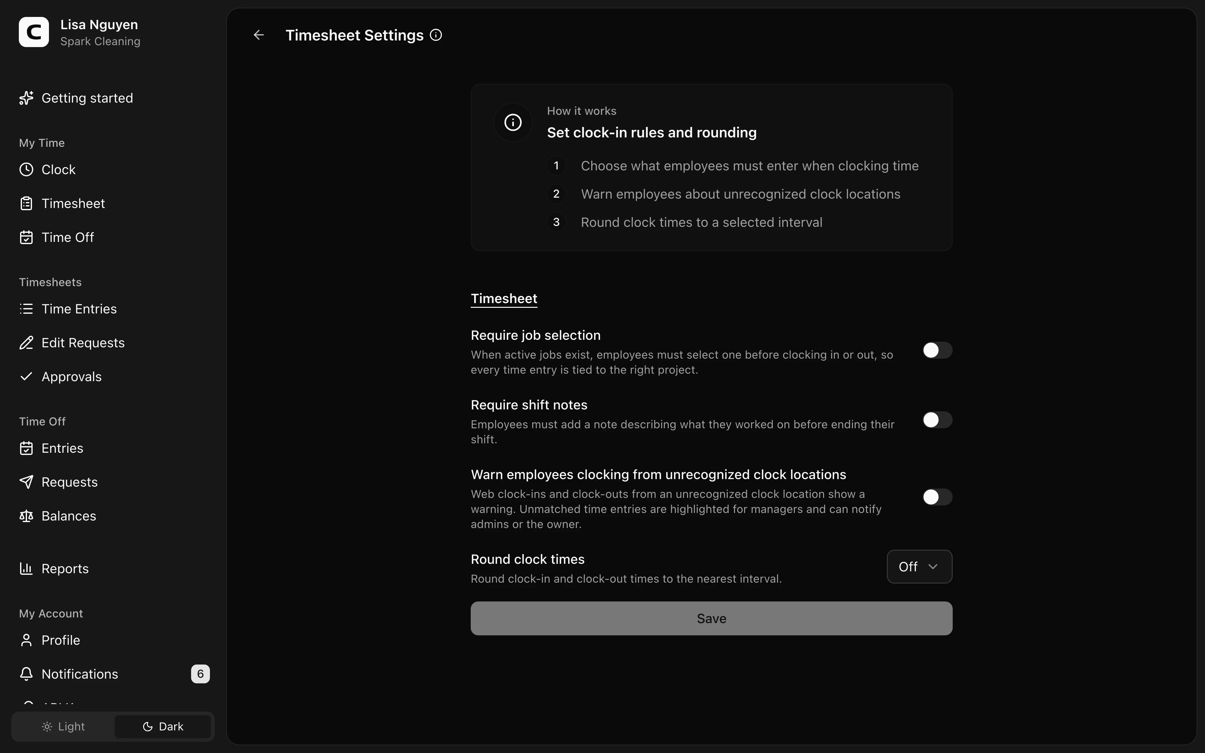 Clockspot Timesheet Settings screen. Set required time-entry details, unrecognized-location warnings, and clock-time rounding.