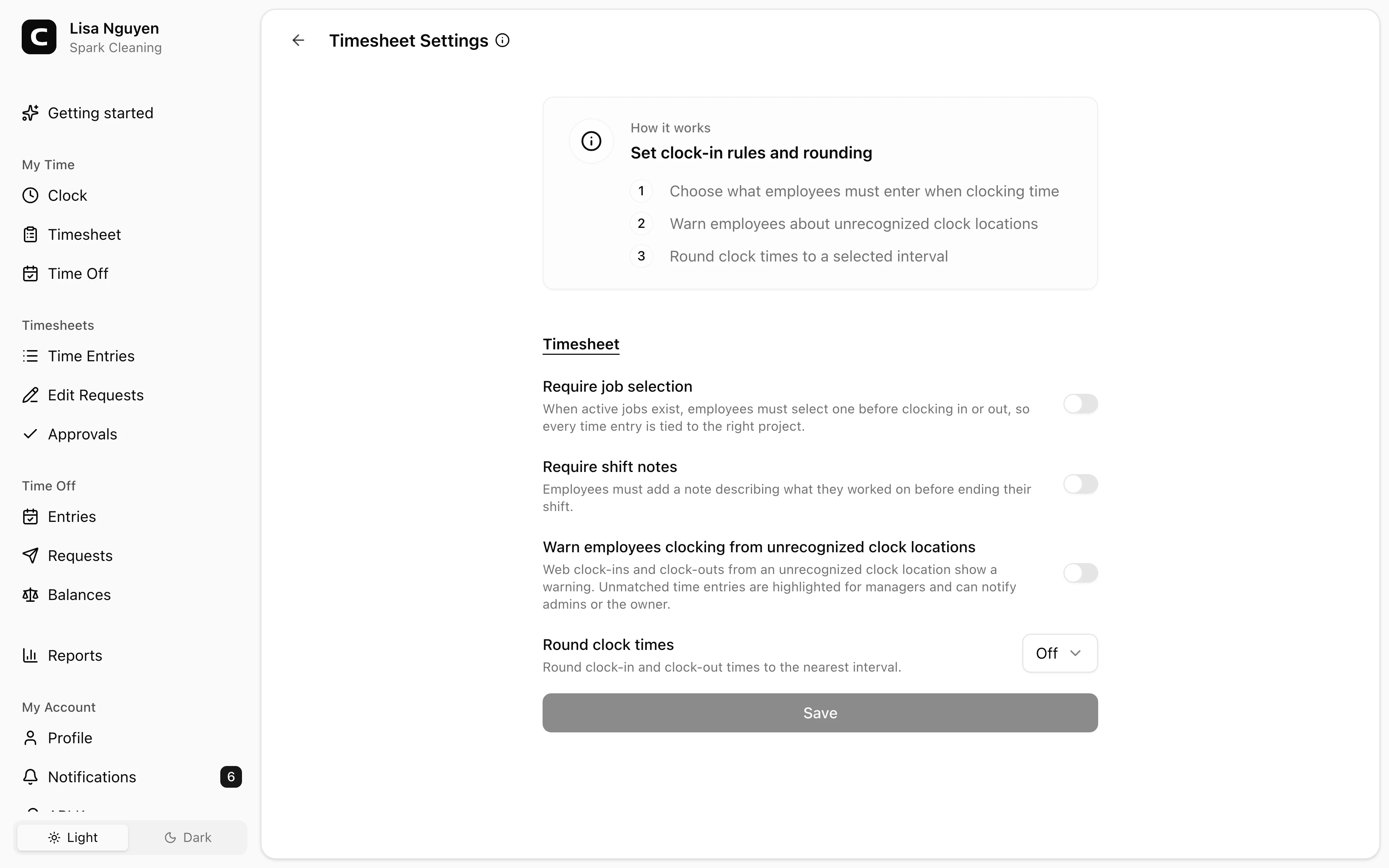 Clockspot Timesheet Settings screen. Set required time-entry details, unrecognized-location warnings, and clock-time rounding.