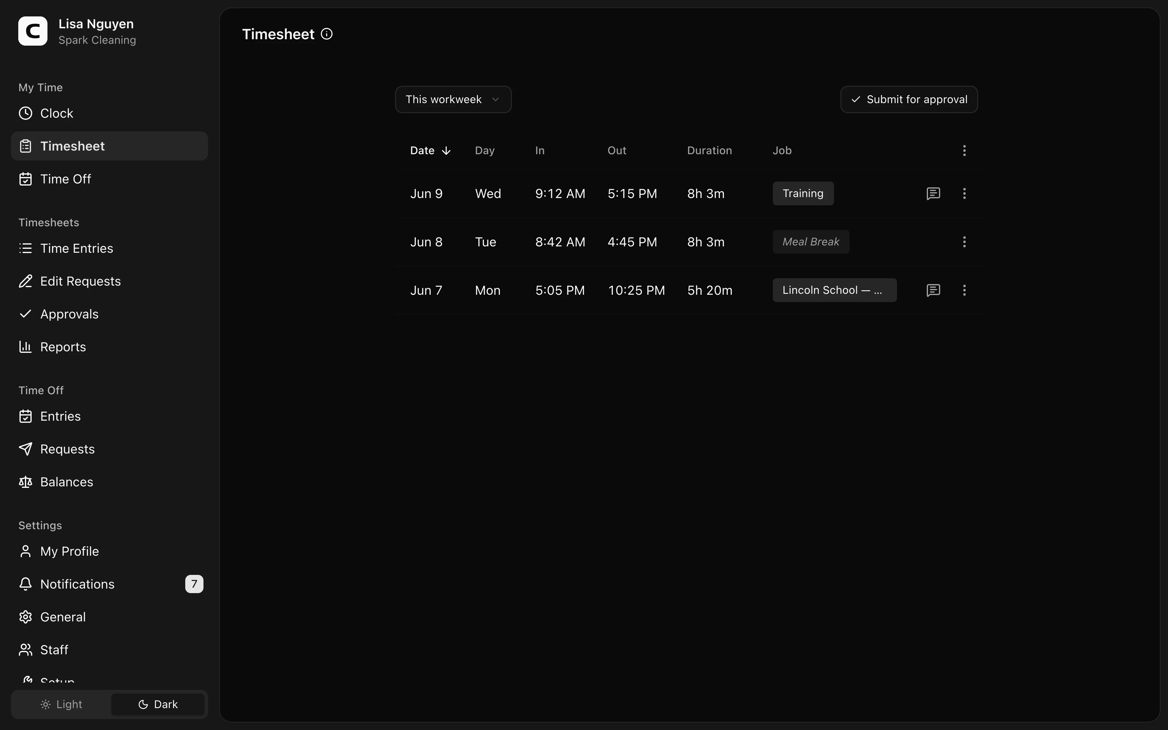 Clockspot Timesheet screen. Review your recorded time entries and submit them to your manager for approval.
