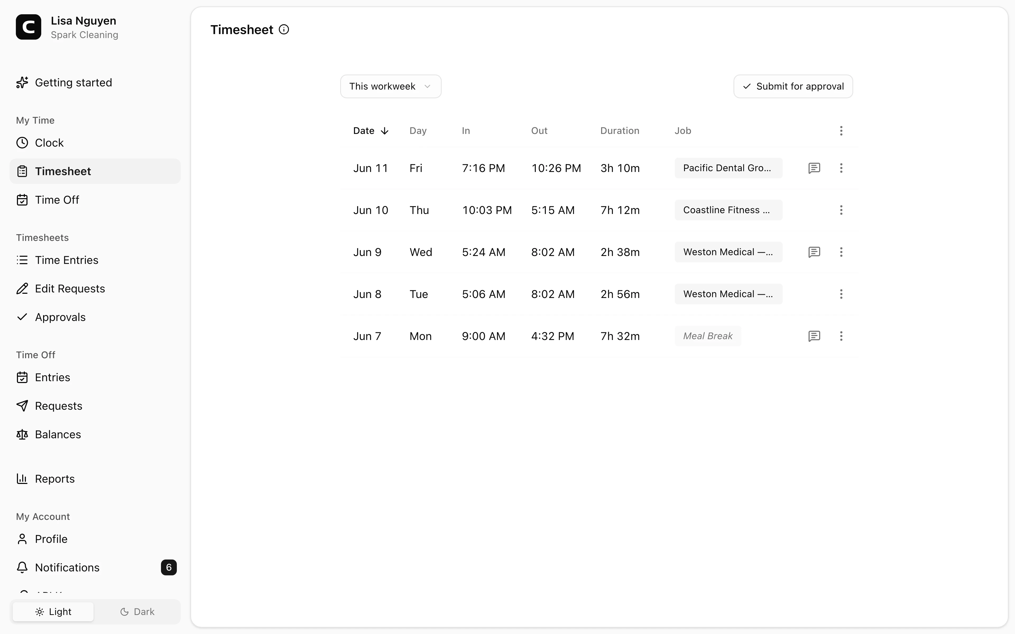 Clockspot Timesheet screen. Review your recorded time entries and submit them to your manager for approval.
