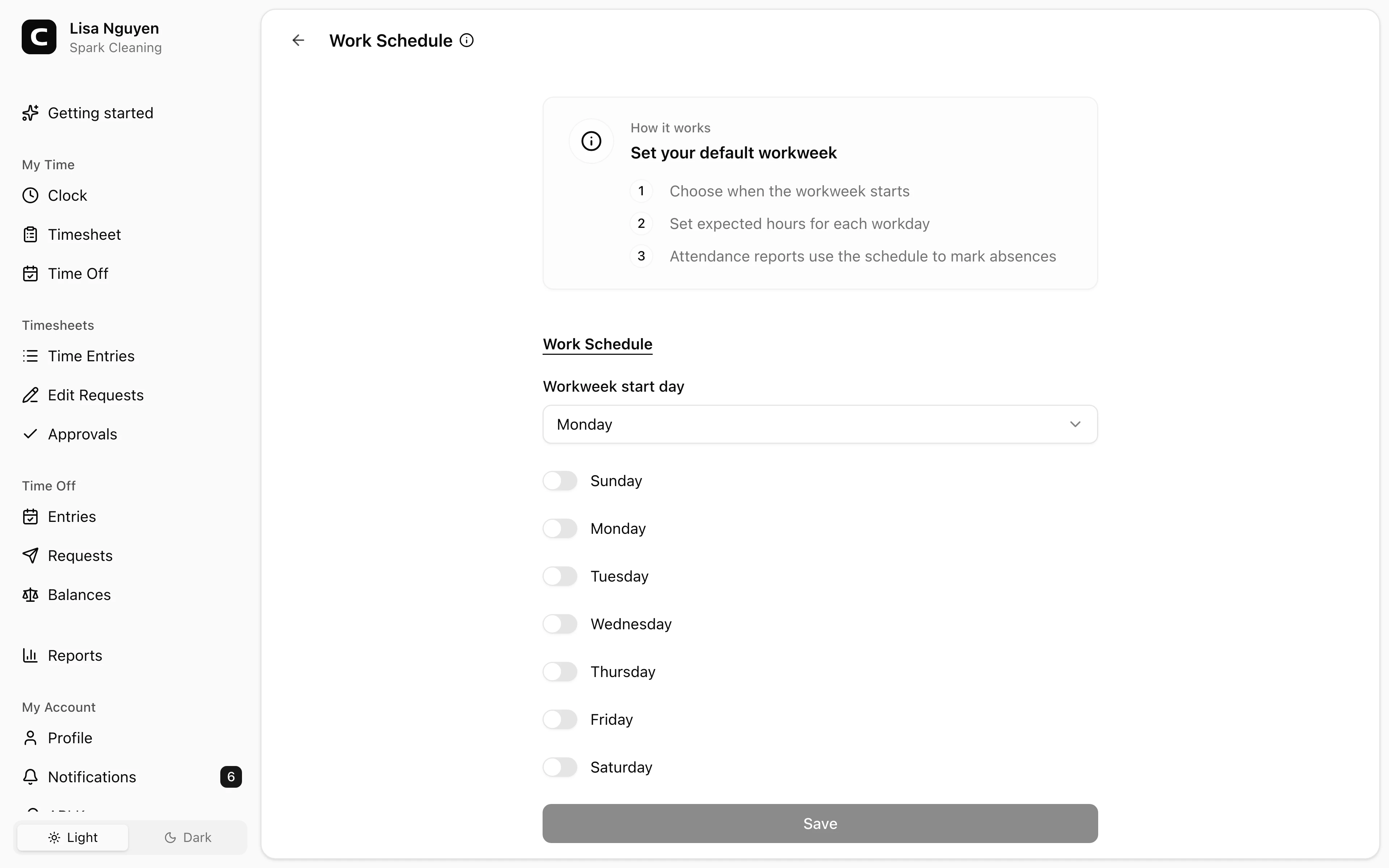 Clockspot Work Schedule screen. Set the default workweek and scheduled hours used by attendance and workweek-based reports.